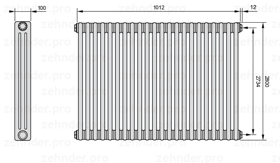 Схема (чертеж) Радиатор Zehnder Charleston 3280/22 №7610 Белый глянцевый RAL 9016